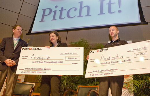 PitchIt! Award Winners Melinda Whittstock and Lucas Sommer with presenter Bob Ross, President and CEO Ethics and Excellence in Journalism Foundation. Photo by Chelsea Matiash