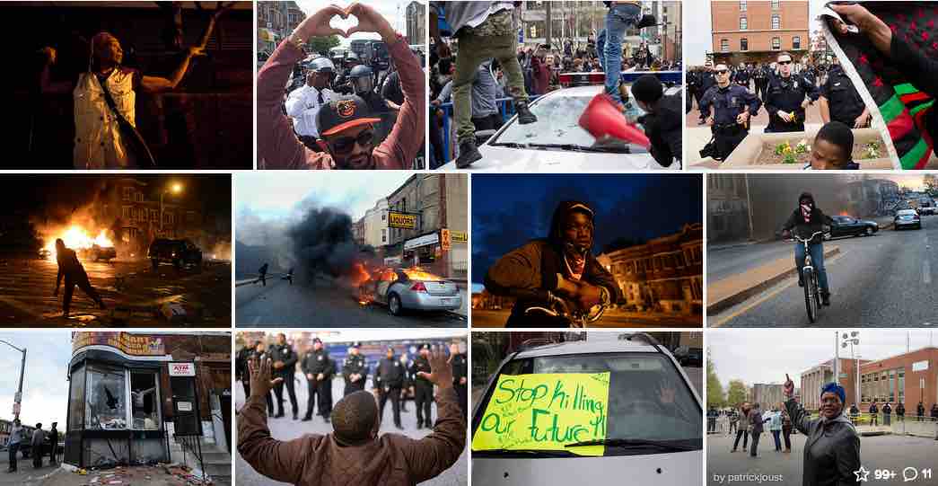 A sampling of photos uploaded to Flickr and tagged "Baltimore" and "blacklivesmatter"